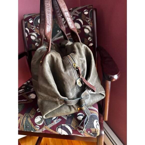 Kooba all leather 2 tone top handle handbag brown and olive green - Picture 6 of 8